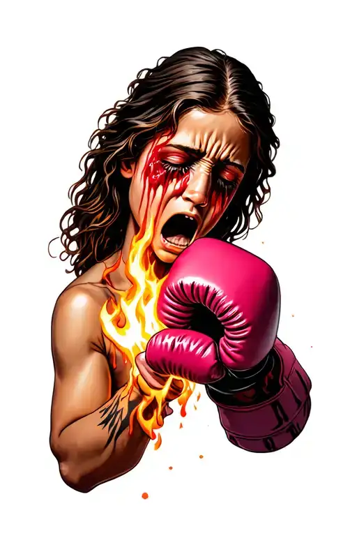 "Everything can Christ" Virgin painful crying, with tears that are transformed into fire or blood, connecting with a boxing glove and a pink tattoo design idea