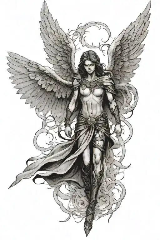 dark fallen angel war scene tattoo design idea