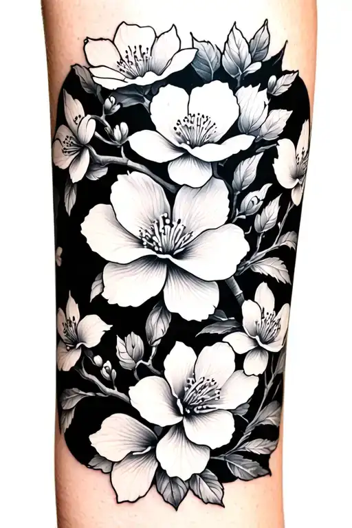 Tattoo band 10 cm wide on forearm. Black background with detailed cherry blossoms. cherry blossoms are uncoloured skin tattoo design idea