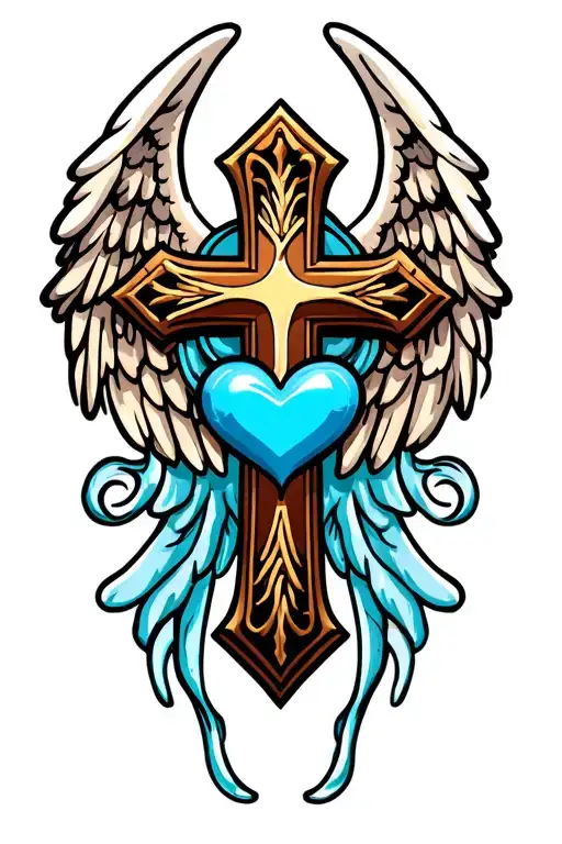 religious cross with a blue heart in the center and angel wings (2d) behind  the crossing tattoo design idea
