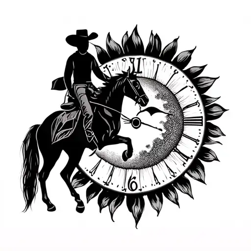 cowboy riding horse nighttime moon theme sunflower mother and son stopwatch tattoo design idea