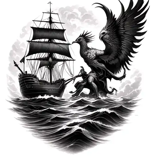 Hades defending the river Styx as a ship escapes with a phoenix showing the transition from dark to light.  Full sleeve. tattoo design idea
