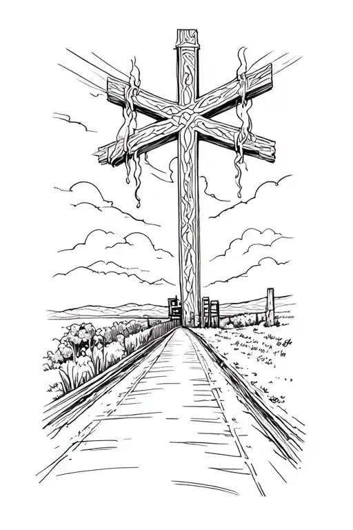 road leading into cross tattoo design idea