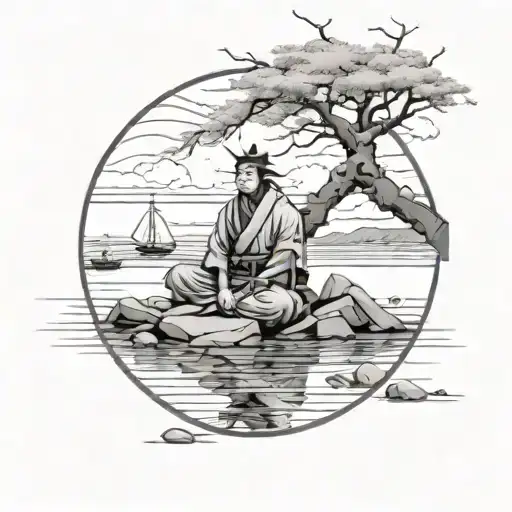 A serene landscape of a samurai meditating under a tree by the sea, surrounded by construction materials subtly incorporated into the design tattoo design idea