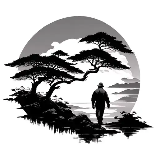 Japanese maple trees with fisher man walking tattoo design idea