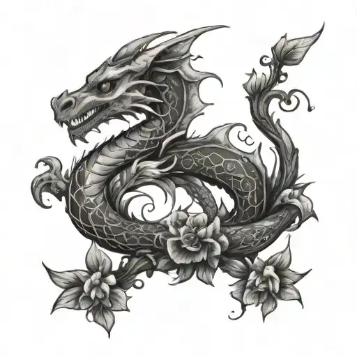 elfe dragon flower tattoo design idea
