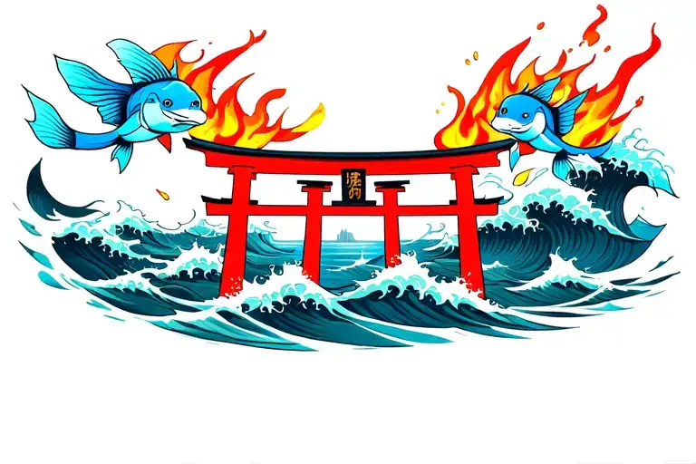 japanese torii gate in flames with two blue koi fish swimmimg nearby and ocean waves with amaterasu flames covered tatto tattoo design idea