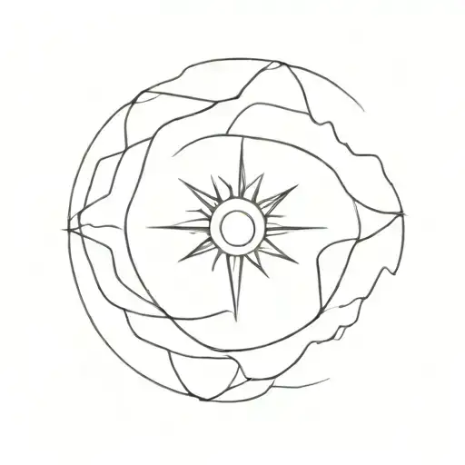 create a very thin-line minimalist tattoo of the sun with wavy non linear lines, and is  connected to a small non linear tattoo design idea