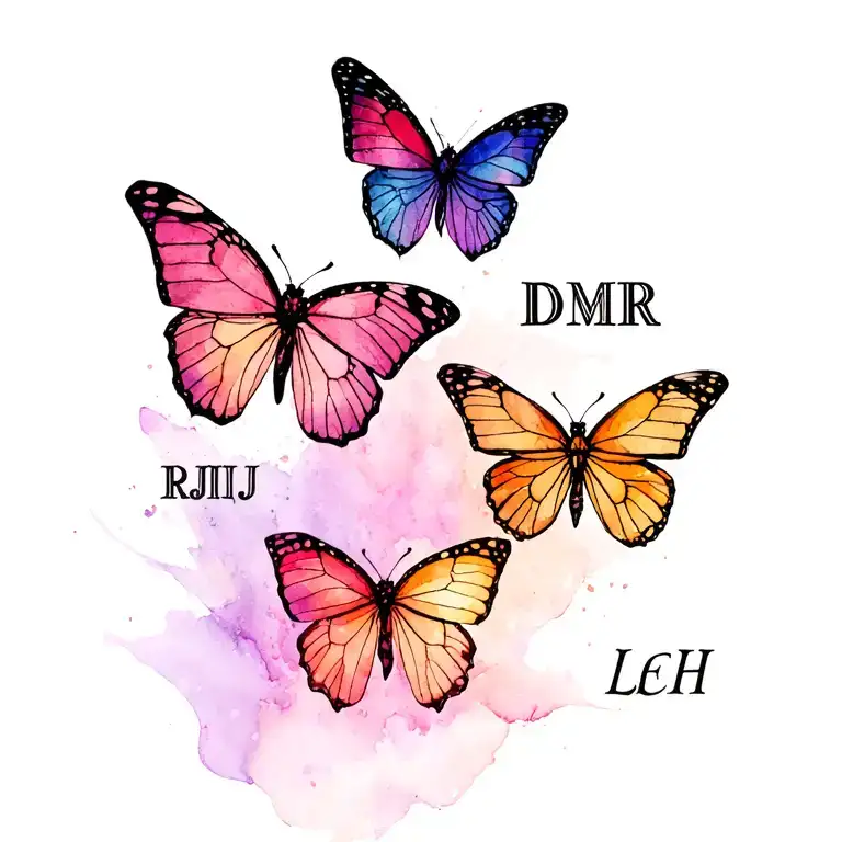 4 butterflies with grandparents initials DMR, DJR, ROH, LEH tattoo design idea