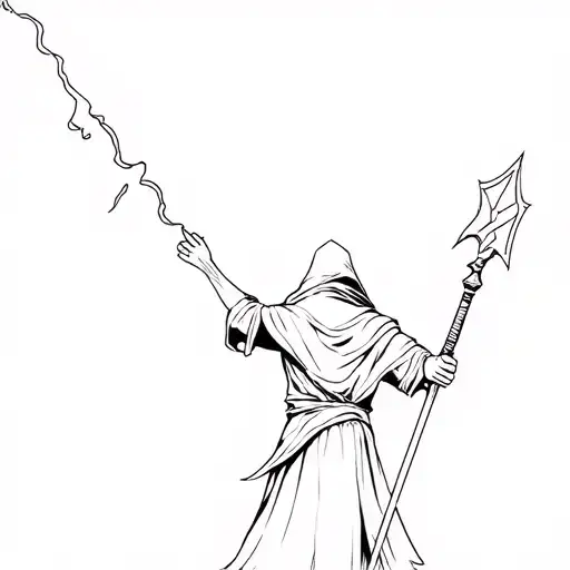 Wizard from straight behind. Like a rockstar, holding staff up left arm. Lightning strike staff. Right arm down. tattoo design idea