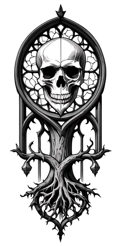 skull gothic cathedral window Viking Yggdrasil  tattoo design idea