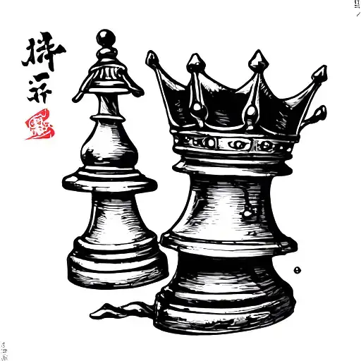 crown chess piece and Japanese writing  tattoo design idea