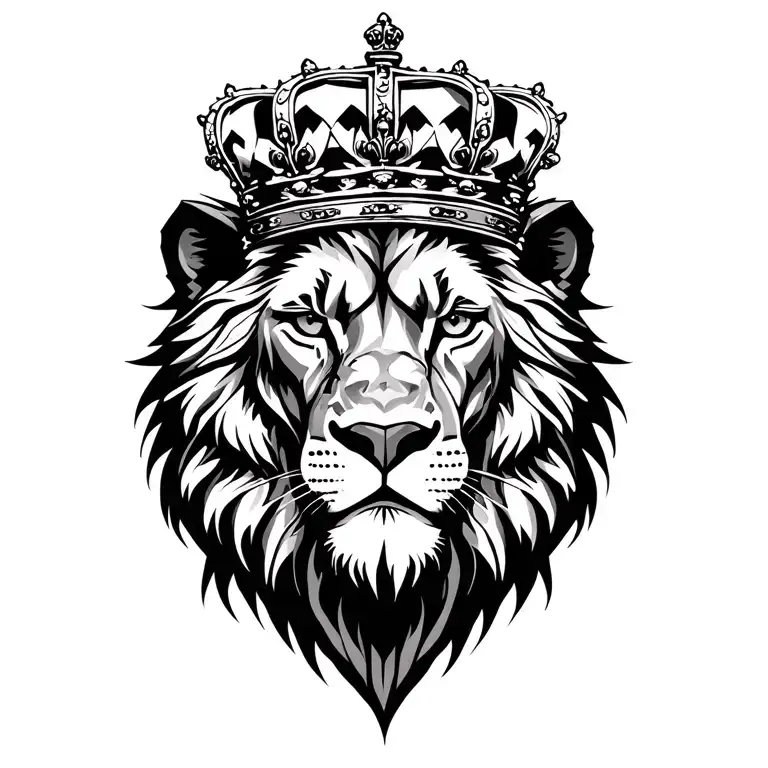 head of lion wearing a british crown on head tattoo design idea