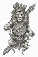 Lion with crown and clock surrounded religious cross tattoo design idea