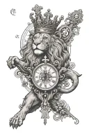 Lion with crown and clock surrounded religious cross tattoo design idea