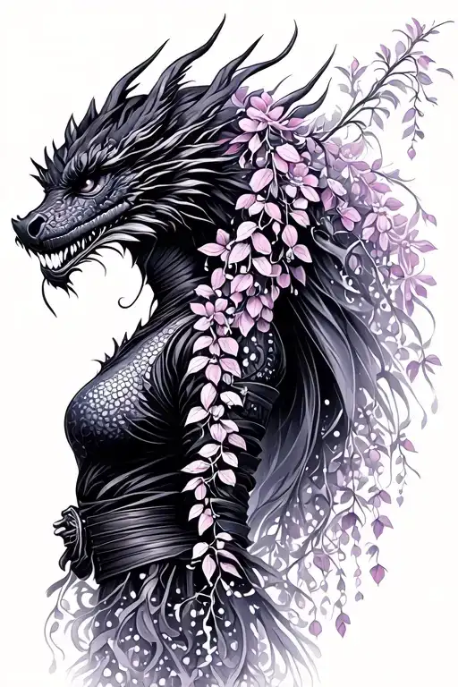 wisteria flowers cascading down side profile female ninja warrior and dragon tattoo design idea