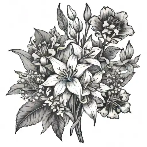 Family Birth Flower Bouquet with: snowdrop, cherry blossom, lily of the valley, honeysuckle, and narcissus tattoo design idea