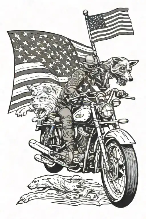 motorcycle, american flag, a dog, a bruin bear, a horse, tattoo design idea