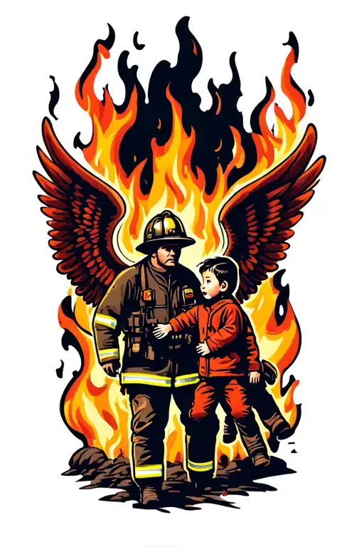 Firefighter with wings escorting child through wall of flames tattoo design idea