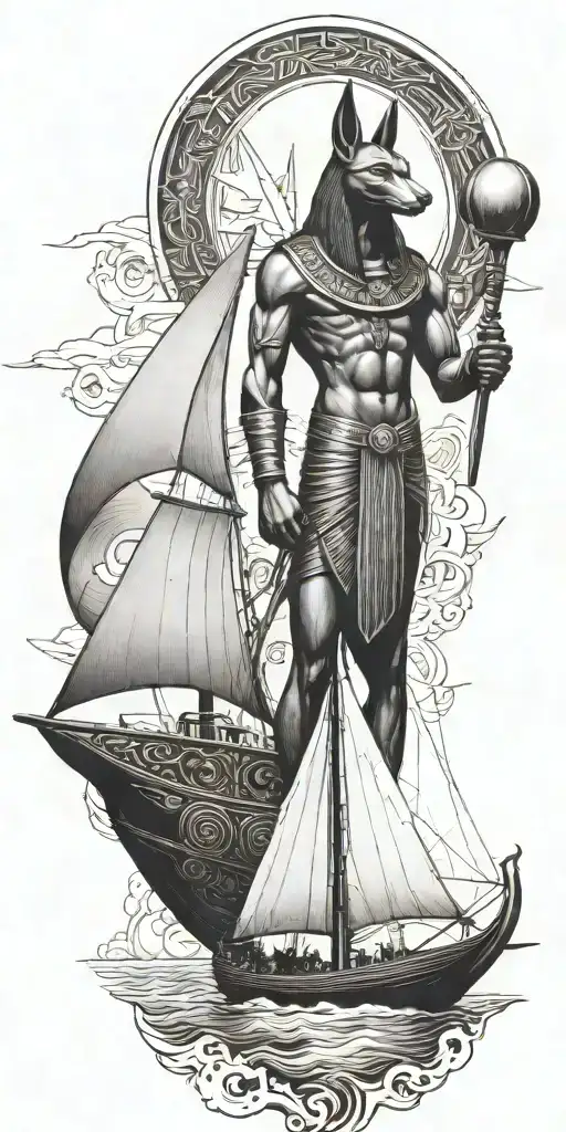 A fusion of Egyptian and Viking symbolism, featuring Anubis and a Viking ship sailing on the Nile River tattoo design idea