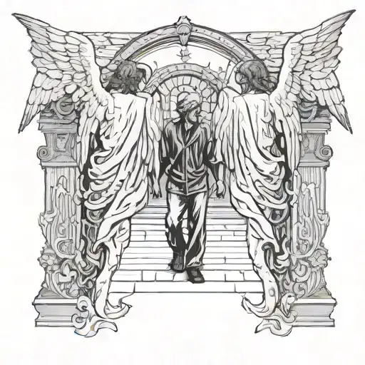 angel and devil at gates someone walking tattoo design idea