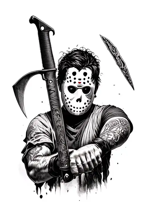 jason from friday the 13th on the forearm with shadow effects and machette tattoo design idea