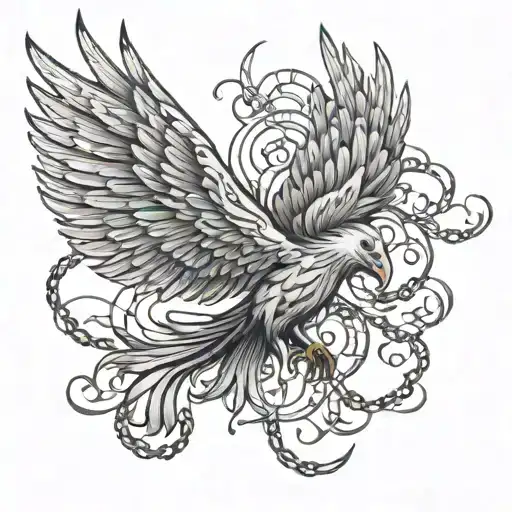 A phoenix in mid-flight, wings outstretched, with chains entwined around its body. Some links are intact. tattoo design idea