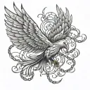 A phoenix in mid-flight, wings outstretched, with chains entwined around its body. Some links are intact. tattoo design idea