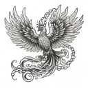 A phoenix in mid-flight, wings outstretched, with chains entwined around its body. Some links are intact. tattoo design idea