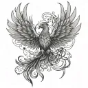 A phoenix in mid-flight, wings outstretched, with chains entwined around its body. Some links are intact. tattoo design idea
