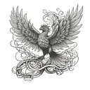 A phoenix in mid-flight, wings outstretched, with chains entwined around its body. Some links are intact. tattoo design idea