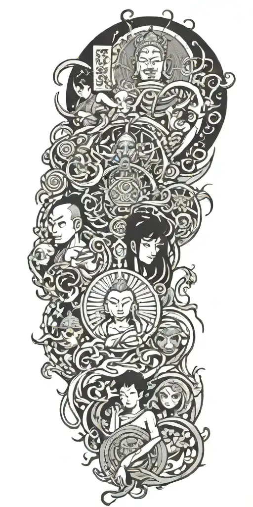anime characters representing Dad, Mom and daughter and Buddhist symbols flowing through it. tattoo design idea