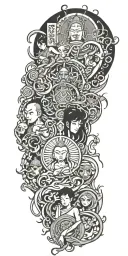 anime characters representing Dad, Mom and daughter and Buddhist symbols flowing through it. tattoo design idea