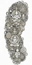 anime characters representing Dad, Mom and daughter and Buddhist symbols flowing through it. tattoo design idea