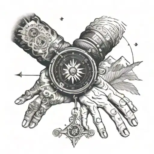 A truck driver's hand holding a compass with coordinates leading to a Carpathian treasure, surrounded by family symbols tattoo design idea