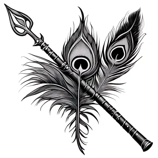combine Shiva's trishul (trident), Krishna's bansuri (flute), and the peacock feather in a unified, spiritual style. tattoo design idea