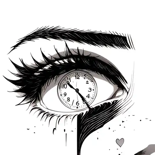 anime eyes with clock in right eye and broken heart in left eye tattoo design idea