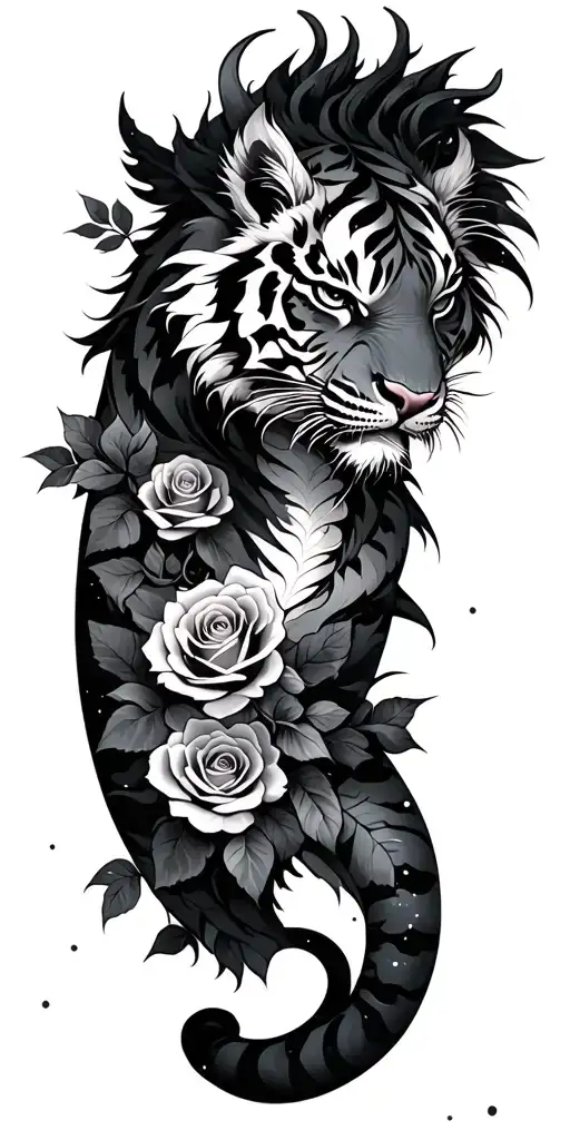 tiger dragon, roses growing, galaxy, sleeve tattoo design idea