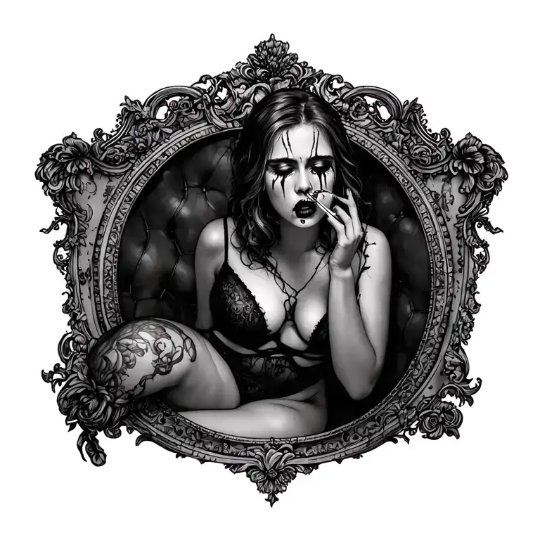 sexy, pale girl crying with mascara on.  small boobs, smoking a cigarette. wearing a g string sitting down tattoo design idea