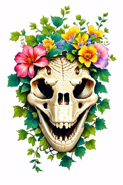 alligator skull, ivy vines, wild flowers blooming tattoo design idea