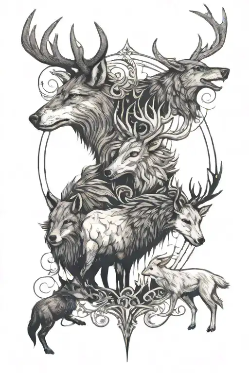 A stag, a wolf, a fox, a boar, a swan, and a raven tattoo design idea