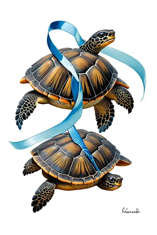 3 sea turtles with colon cancer ribbon wrapped tattoo design idea