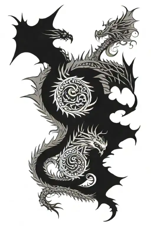 five dragons flying up spine with small design in the middle tattoo design idea