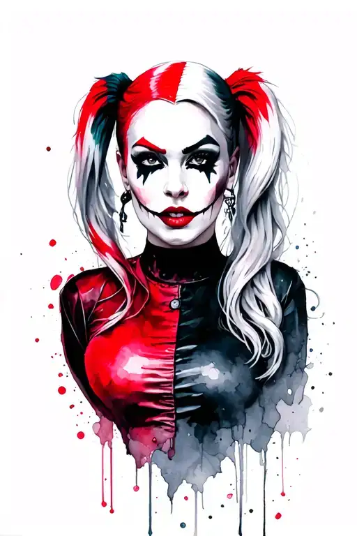moody Harley Quinn portrait. typical red and black colouring, punk look with attitude tattoo design idea