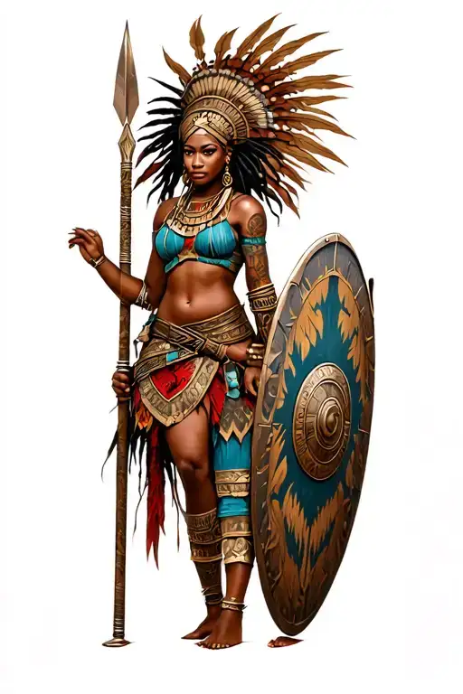 African warrior, female, beautiful curvy with shield and spear  tattoo design idea