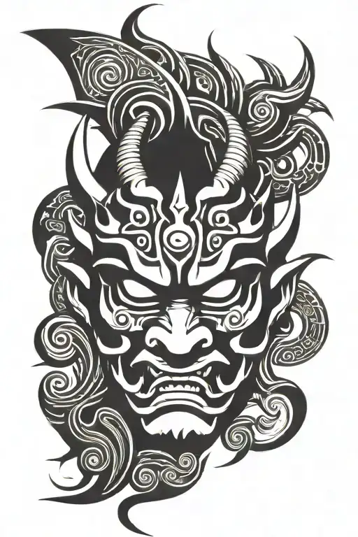 Oni mask with the being of darkness on the forehead tattoo design idea