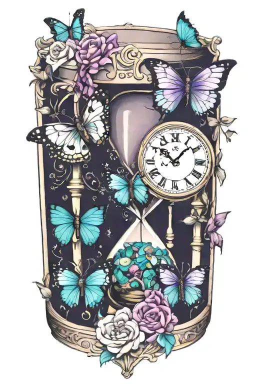 3 hourglasses,clock, purple and teal butterflies tattoo design idea