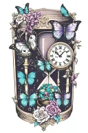 3 hourglasses,clock, purple and teal butterflies tattoo design idea
