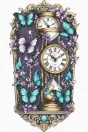 3 hourglasses,clock, purple and teal butterflies tattoo design idea