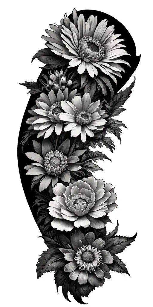 Arm tattoo with spider mum, daisey, peonie flowers tattoo design idea